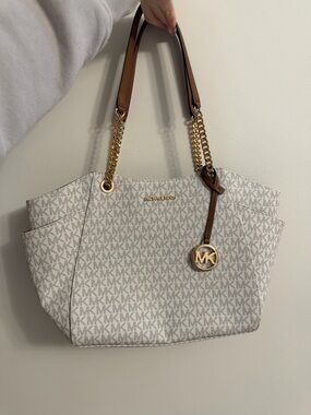 Michael Kors White Logo Tote with Brown Leather Trim